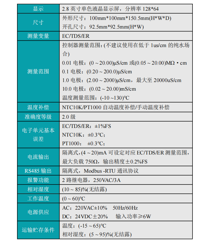 米科MIK-TDS210-B在线电导率测试仪产品参数