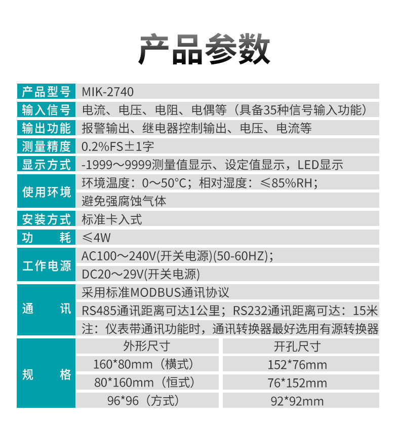 米科MIK-2740四通道显示控制仪产品参数