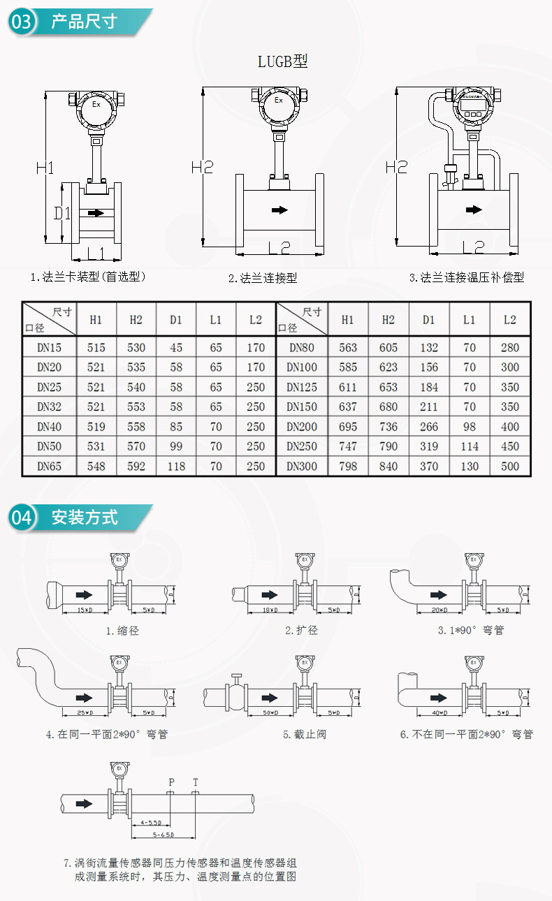 米科LUGB-MIK涡街流量计产品尺寸和安装