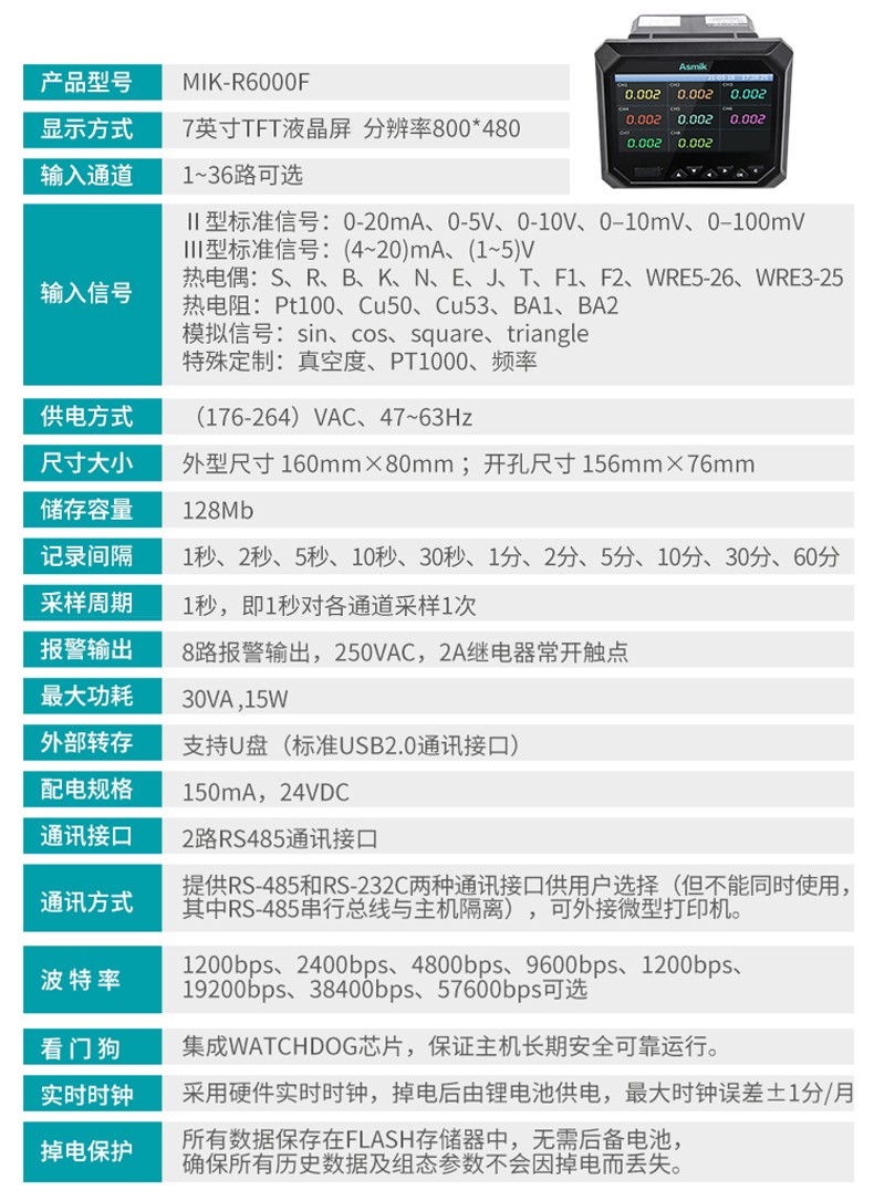 米科MIK-R6000F新款无纸记录仪参数